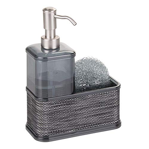 mDesign dispensador de jabón recargable - Dosificador de jabón hecho de plástico resistente - Con portaestropajos - Color: gris/negro