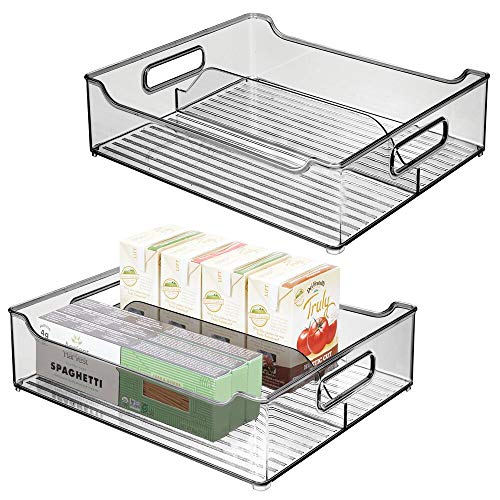 mDesign Juego de 2 Cajas organizadoras con Asas – Contenedor de plástico con 2 divisiones para almacenar Alimentos – Cajón de Cocina de plástico para los armarios o la Nevera – Gris Oscuro