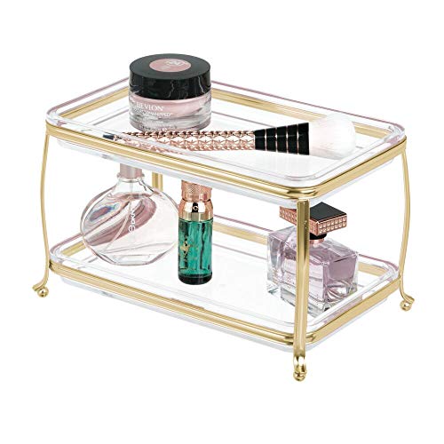 mDesign Organizador de cosméticos también como caja para joyas – Caja para maquillaje y joyas elegante para cada habitación – Organizador de maquillaje con 2 alturas – latón/transparente