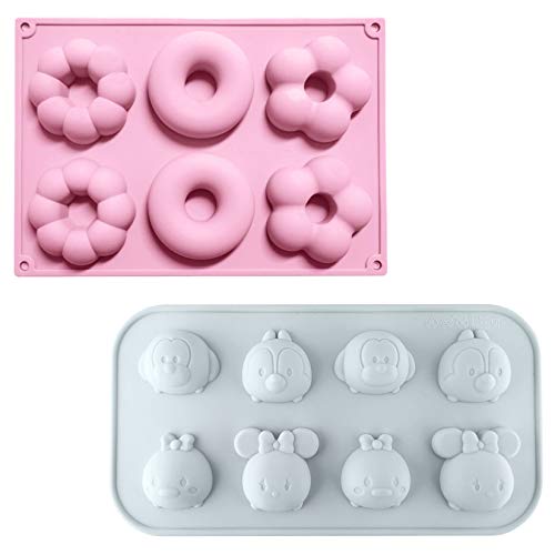 Mikonca 2 moldes de silicona con forma de donut y dibujos animados, para chocolate, seguro para usar en horno, frigorífico, lavavajillas, adecuado para fiestas y festivales