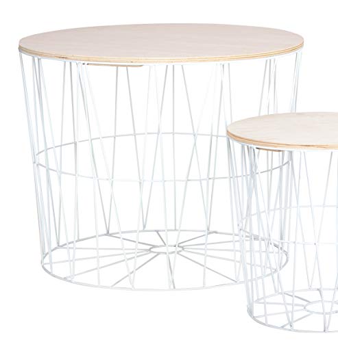 Moderna mesa auxiliar de metal con tapa de madera – Mesa decorativa con cesta con espacio de almacenamiento blanco – Tablero de mesa claro – Mesa de salón (50 x 40 cm)