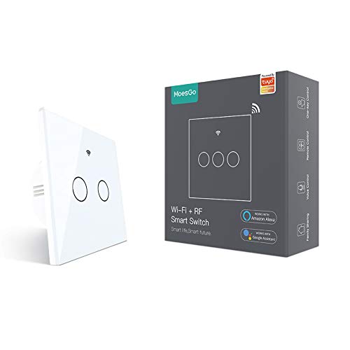 MoesGo Wifi Interruptor táctil con 1 vía o asociación de control múltiple(2 vías),estado del relé opcional,trabajo con apps Smart Life y Tuya,Alexa y Google Home,control remoto RF433 Blanco(2Gang) MoesGo Wifi Interruptor táctil con 1 vía o asociación de control múltiple(2 vías),estado del relé opcional,trabajo con apps Smart Life y Tuya,Alexa y Google Home,control remoto RF433 Blanco(2Gang)