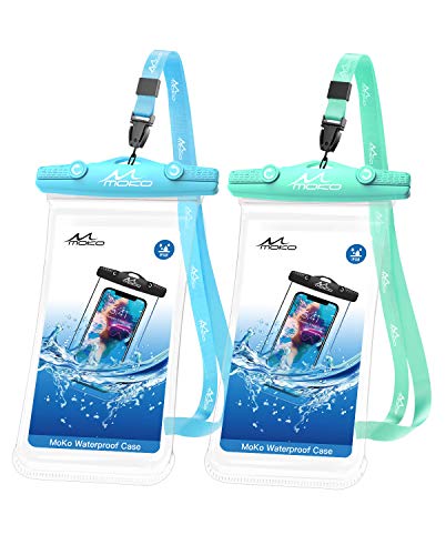 MoKo Waterproof Cellphone Pouch, [2 Pack] Underwater Phone Case Dry Bag with Lanyard Compatible withiPhone 12/iPhone 12 Mini/iPhone 12 Pro/iPhone 12 Pro max/11/11 Pro/11 Pro MAX, Sky Blue+Green