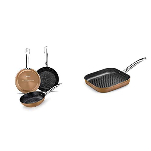 Monix M740040 Copper - Set de 3 Sartenes Efecto Cobre, Aluminio Forjado Antiadherente con Partículas de Titanio + Copper - Grill con rayas 28 x 28 cm de aluminio forjado con antiadherente Monix M740040 Copper - Set de 3 Sartenes Efecto Cobre, Aluminio Forjado Antiadherente con Partículas de Titanio + Copper - Grill con rayas 28 x 28 cm de aluminio forjado con antiadherente