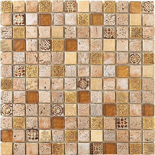 Mosaico de Vidrio y Mármol en Malla DEC-47082ANXSLI, Oro, 8 mm, 30 x 30 cm