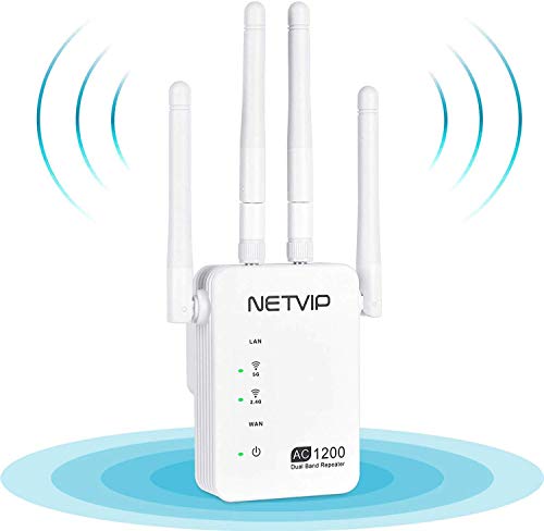 NETVIP WiFi Repetidor 1200Mbps WiFi Amplificador Repetidor de Red WiFi Banda Dual (300Mbps en 2,4GHz y 867Mbps en 5GHz) Punto de Acceso WiFi, Puerto Ethernet, Alta Gain Antenas Externas