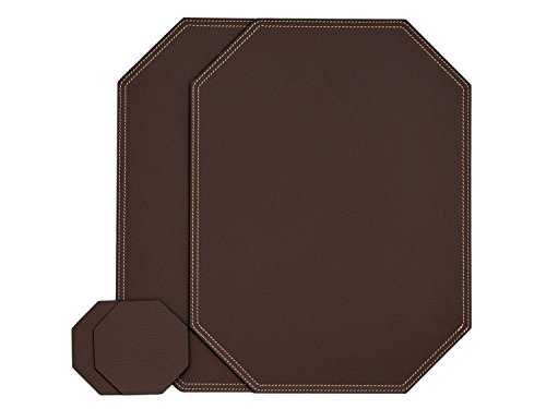 Nikalaz Octagon Manteles Individuales y Posavasos Juego de 2, Piel Reciclada Manteles Individuales 40 x 30 centímetros (Marron)