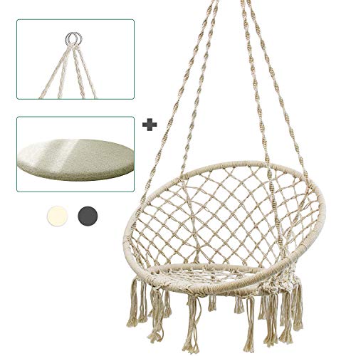 Novonova - Sillón colgante Hamaca Relax diseño de jardín de algodón con cojín cómodo, 1 plaza, interior y exterior, capacidad de 150 kg (beige) Novonova - Sillón colgante Hamaca Relax diseño de jardín de algodón con cojín cómodo, 1 plaza, interior y exterior, capacidad de 150 kg (beige)