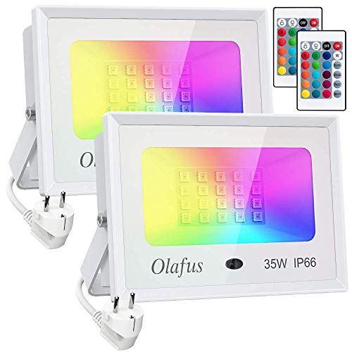 Olafus 2x 35W Focos LED RGB de Colores Dimmable, Función de Memoria, 16 Colores 4 Modos, IP66 Impermeable, Proyectores LED Colores con Control Remoto, para Decoración Fiesta, Árbol, Jardín, Bar, Pared