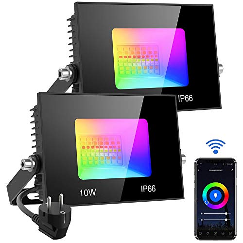 Olafus 2x10W Foco LED Smart WiFi RGB, Flood light RGB 1200LM, Funciona con Alexa e Google, Controlado por APP, Foco 16 Millones Colores, Luz blanca cálida y fría regulable, IP66 Impermeable