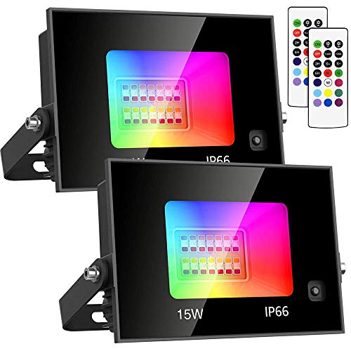 Olafus Focos LED Exterior RGB 15W 2 Pack, Foco Colores Función Memoria y Temporizador, Telecomando 21 teclas, Foco LED Multicolori IP66 Impermeable, 11 Colores, 2 Modos para Fiesta Jardín Patio
