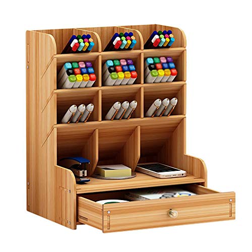 Organizador de escritorio de madera multiusos con cajones y almacenamiento para bolígrafos y artículos de papelería, ideal para el hogar, la oficina y la escuela, color Madera de cerezo.
