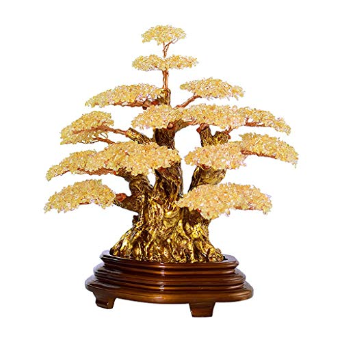 Ornamento de Escritorio Decoración piedra preciosa del estilo del árbol de Feng Shui suerte Figurita cuarzo cristalino natural del árbol del dinero Bonsai for la suerte y la riqueza (amarillo) artesan
