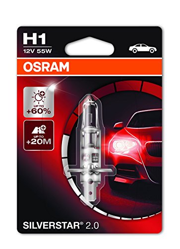 Osram 64150SV2-01B Silverstar 2.0 H1 Lámpara Halógena para Faro Principal, 60% más Luz, 12V, 55W, Casquillo P14.5S, Embalaje Blister Individual