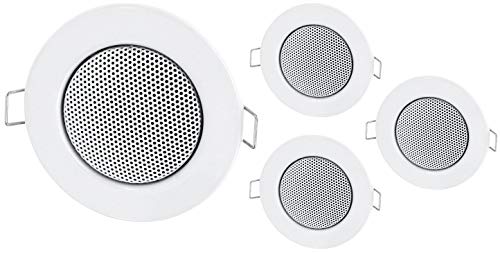 Pack de 4 mini altavoces empotrables de metal, diseño halógeno, color blanco Pack de 4 mini altavoces empotrables de metal, diseño halógeno, color blanco