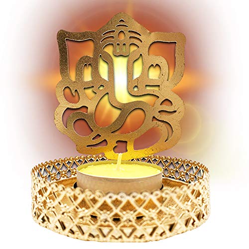 Pack x 2 - Portavelas figura Ganesha color dorado (incluye 2 velas). Porta velas decorativas para el hogar/oficina. Decoracion hindu candelabros elaborados 100% a mano.