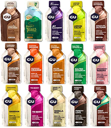 Paquete de prueba GU Energy Gel 15 variedades con 32 gramos cada una.