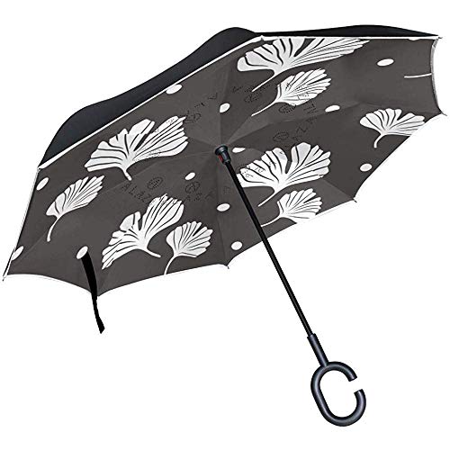 Paraguas invertido con patrón de Ginkgo, Reverso automático, Doble Capa, a Prueba de Viento, protección UV, Paraguas al revés para Lluvia en el automóvil, Uso al Aire Libre