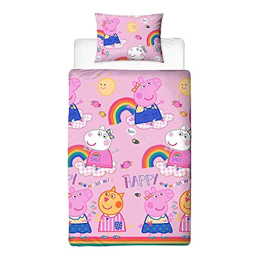 Peppa Pig Friends - Funda nórdica para Cama Individual con Funda de Almohada a Juego, Reversible, diseño de Arco Iris, Microfibra Peppa Pig Friends - Funda nórdica para Cama Individual con Funda de Almohada a Juego, Reversible, diseño de Arco Iris, Microfibra