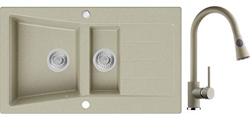 Primagran Fregadero de granito -Madrid- beige con sifón y grifo de cocina 9000 Primagran Fregadero de granito -Madrid- beige con sifón y grifo de cocina 9000