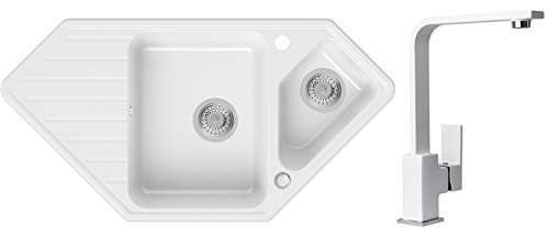 Primagran Fregadero de granito -Mónaco- blanco con sifón y grifo de cocina 8000 Primagran Fregadero de granito -Mónaco- blanco con sifón y grifo de cocina 8000