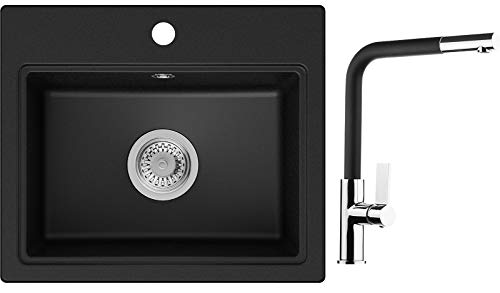 Primagran Fregadero de granito -Oslo- negro con sifón y grifo de cocina 3000 Primagran Fregadero de granito -Oslo- negro con sifón y grifo de cocina 3000