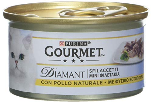 Purina Gourmet Diamant Húmedo Gato Sfilaccetti con Pollo Delicado y Bolitas con Pavo con Sabor – 96 latas de 85 g Cada una (24 Paquetes de 4 x 85 g)