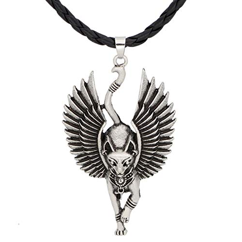QZY Collar Colgante de los Hombres, mitología egipcia Antiguo Gato Egipcio Dios Dios Dios ala Gato Amuleto alas 1 Pieza - Estatua Egipto Regalos religiosos,Silver