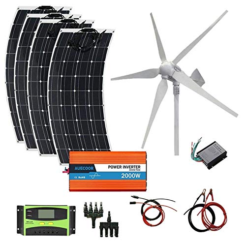 RDJM Turbina eólica 1200W Kit de Viento Solar híbrido: 4 x 100 vatios Paneles solares Flexibles Turbine + 800W generador de Viento + Accesorios for Cargar la batería (Color : 1200w Kit with Inverter)