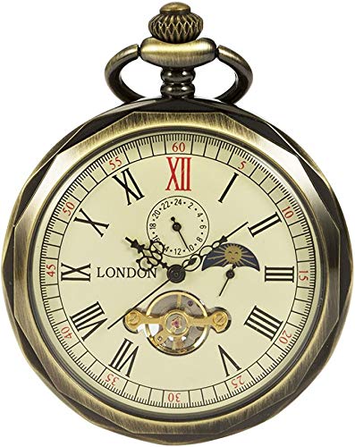 Reloj de bolsillo Reloj de bolsillo mecánico de cara abierta clásica Caja con bordes de bronce Esfera especial con mesa giratoria de luna y sol Pantalla de 24 horas Pantalla de 12 horas para homb Reloj de bolsillo Reloj de bolsillo mecánico de cara abierta clásica Caja con bordes de bronce Esfera especial con mesa giratoria de luna y sol Pantalla de 24 horas Pantalla de 12 horas para homb