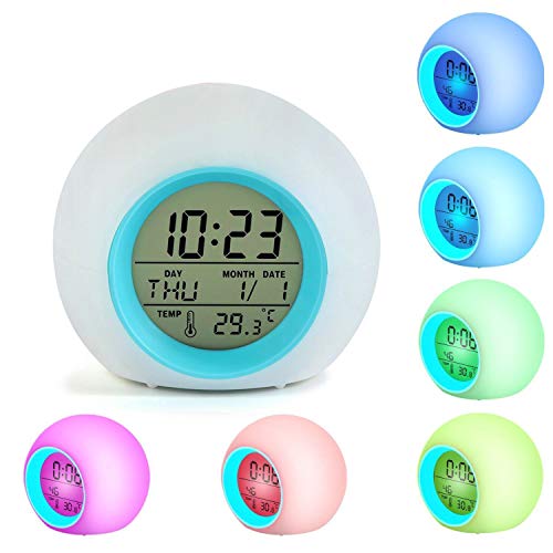 Reloj despertador LED para niños, despertador Relojes digitales Junto a la cama para 7 colores Luz cambiante para Habitación para niñas Decoración con temperatura sensor táctil y repetición (Azul)