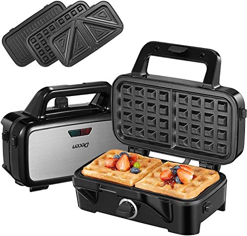 Sandwichera 3 en 1 Sandwichera Eléctrica 1200W Control de Temperatura Gofrera con 3 Plato Extraíble para Tostadas, Gofres y Carne, Acero inoxidable & Revestimiento Antiadherente, luz Indicadora, TIBEK