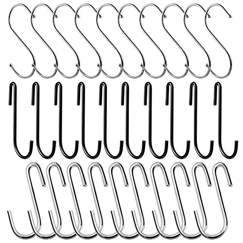 SENHAI 30 piezas de ganchos en forma de S para colgar ollas y cucharas en la cocina, cuarto de baño, oficina, 10 piezas de 3,6 pulgadas + 20 piezas de 2,7 pulgadas – negro, plata SENHAI 30 piezas de ganchos en forma de S para colgar ollas y cucharas en la cocina, cuarto de baño, oficina, 10 piezas de 3,6 pulgadas + 20 piezas de 2,7 pulgadas – negro, plata