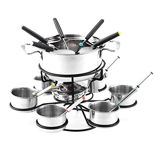 Set de fondue de acero inoxidable con protección contra salpicaduras y 6 bandejas, cuchara, cuenco y recipiente para derretir, set de fondue, accesorios de cocina