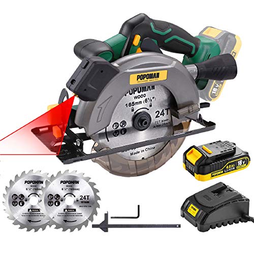 Sierra Circular sin Cable, POPOMAN 18V Sierra Circular 4700RPM, Batería de 4.0Ah, 2 Discos Ø165mm Hoja de sierra, Corte 52mm (90º), 35mm (45º), Cargador Rápido, Guía Laser, Motor de Cobre Puro