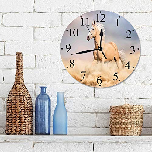 Silencioso Wall Clock Decoración de hogar de Reloj de Redondo,Caballos, caballo palomino en el desierto de arena con pelo largo y rubio macho Poder anima,para Hogar, Sala de Estar, el Aula