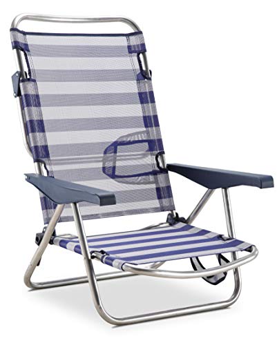 Solenny 50001072725168 50001072725168-Silla de Playa Cama Plegable 4 Posiciones Azul y Blanco Respaldo Bajo con Asas