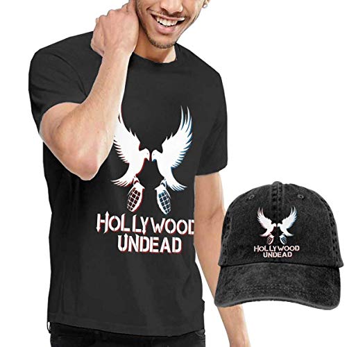 SOTTK Camisetas y Tops Hombre Polos y Camisas, Mens Classic Hollywood Undead Hip Hop Band T-Shirts and Washed Denim Hat Casquette Black Comfortsoft Cotton T-Shirt