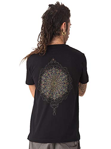 Street Habit Camiseta Negra con Mandala de Sol - Diseño gráfico psicodélico serigrafía en algodón Hombre - Talla S