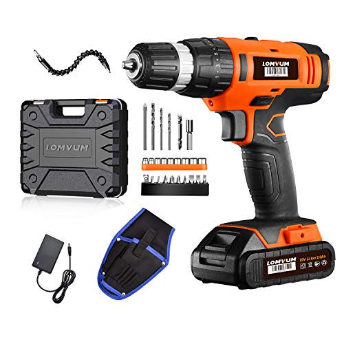 Taladro Atornillador 20V, LOMVUM Taladro con Percusión de Función, 2,0Ah Batería de Litio,Maxima Torsión 33N.m, Luz LED, 1h Carga Rápida, 27 Accesorios Taladro Atornillador 20V, LOMVUM Taladro con Percusión de Función, 2,0Ah Batería de Litio,Maxima Torsión 33N.m, Luz LED, 1h Carga Rápida, 27 Accesorios