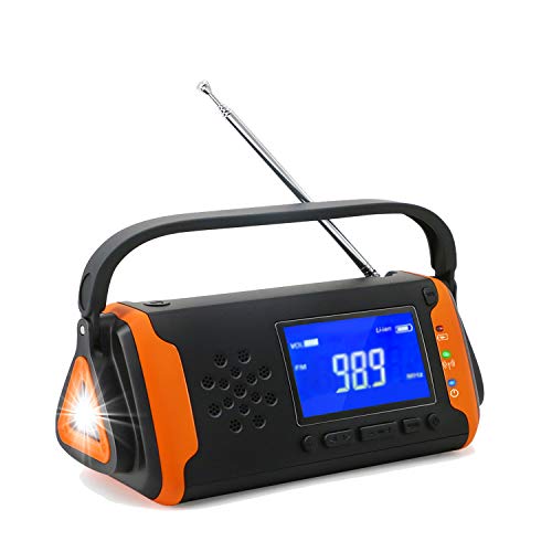 TKOOFN Radio de Emergencia Manivela FM AM, Generacion Solar Portátil Multifunción Al Aire Libre Novedad Radio con Pantalla LCD + 4000mAh como Power Bank / Linterna LED / Reproducción de música AUX
