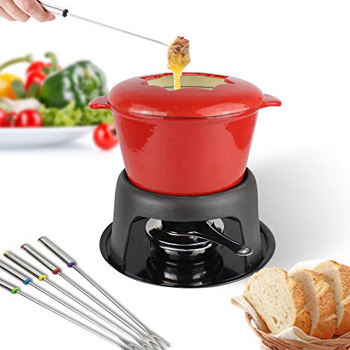 Todeco - Juego de Fondue de Hierro Fundido, Maquina para Hacer Fondue - Material: Hierro fundido - Tamaño: 27,5 x 21 x 21 cm - Rojo