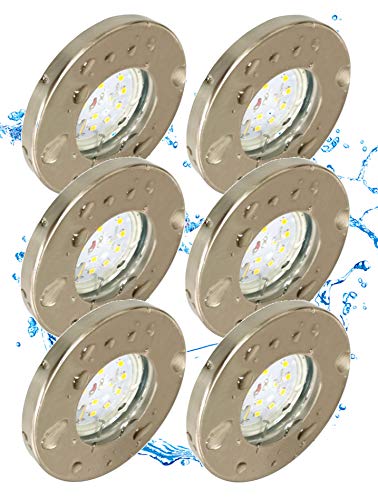 Trango Conjunto de 6 Empotrable empotrable LED regulable IP44 en acero inoxidable Redondo TG6729IP-062GU5SD incluye 6 bombillas LED regulables para baño, ducha, iluminación empotrada, focos de techo