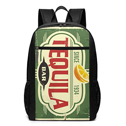 TRFashion Mochila Tequila Bar Vintage Tin Sign for Mexican Tradition Fashion Student Outdoor Backpack 17in Teens Bookbags Travel Laptop College Business Daypack Schoolbag Book Bag For Men Women Black