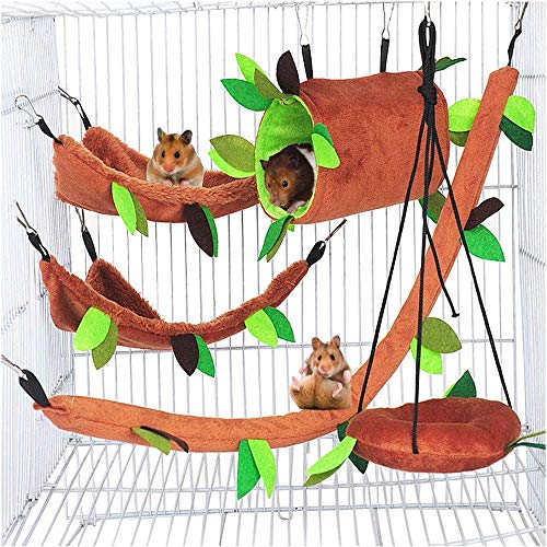 Túnel de cama colgante y jaula de columpio Accesorios para nidos con hojas Patrón de bosque Jaula de juguete para mascotas pequeñas Hámster Rata Pájaro Loro Planeador de azúcar Ardilla Jugar a dormir