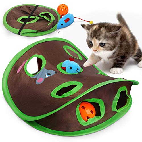 Vanplay Juguetes Gatos Interactivos Túnel Plegable y Juguetes con Nueve Hoyos Tunel, Ratones, Pelotas para Gatos