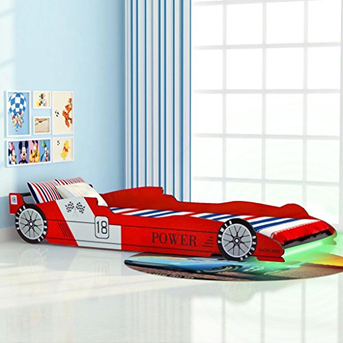 Vislone Cama para Niños Cama Infantil con Diseño de Coche Carreras y LED con Mando a Distancia DM y Listones de Madera Roja 90x200cm