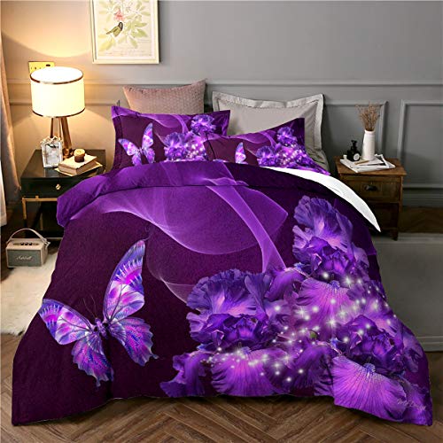 WONGS BEDDING Funda nórdica de 3 Piezas Conjunto de edredón púrpura King 3D Butterfly Star Funda de edredón de edredón Floral para niñas, Microfibra hipoalergénica Ultra Suave 220X240cm