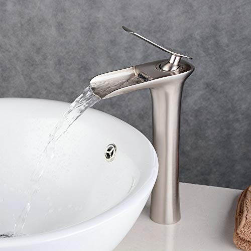 WOOLIY Grifo De Lavabo Alto para Caño De Cascada De Una Manija, Acabado En Níquel Cepillado WOOLIY Grifo De Lavabo Alto para Caño De Cascada De Una Manija, Acabado En Níquel Cepillado