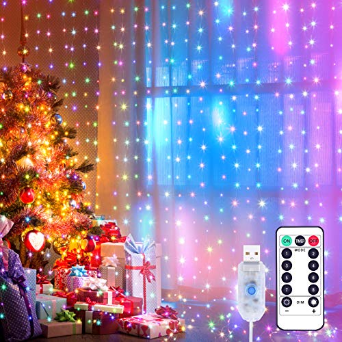 Yizhet Luces de Cadena de Cortina, 3x3m 300 Cortina Luces LED Luz de Cortina USB con Mando a Distancia 8 Modos de Luz, Resistente al aguapara para Decoración Ventana,Navidad,Fiestas (Multicolor)